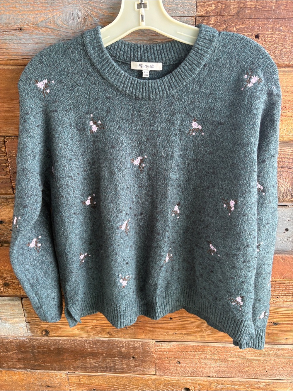 Madewell Teal Knit Crewneck with Pink Fleck Detail